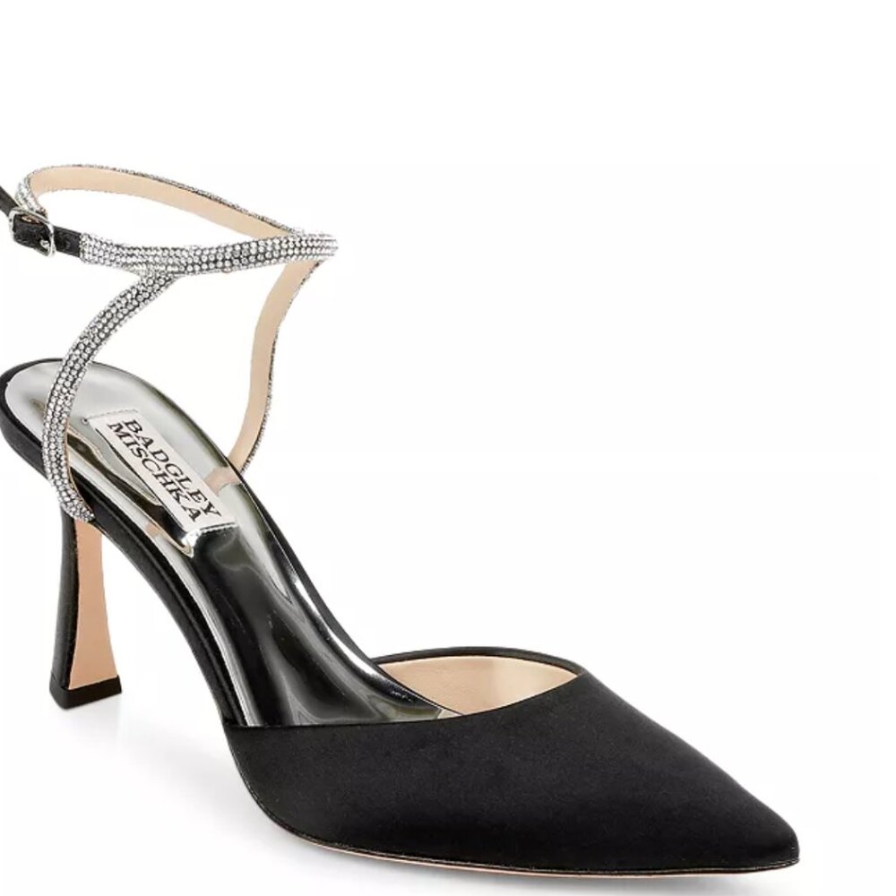 Badgley Mischka Kamilah Pointed Black Satin Ankle Strap High Heel Sandals